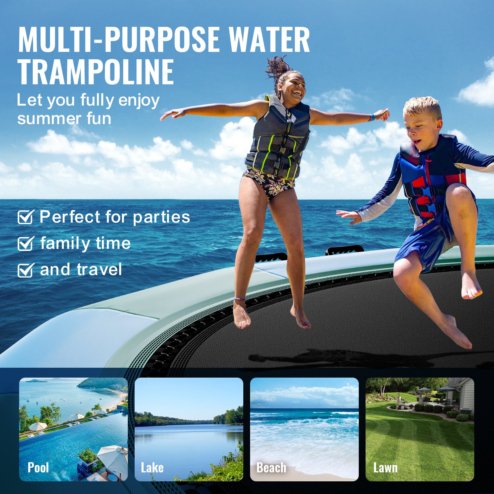 VEVOR Aufblasbarer Wassertrampolin Leiter, Wasserdichte, Abriebfeste, Langlebige Wassertrampoline 4,57 m Großen Sprungfläche, Sprungplattform-Wasserpark Pool Trampolin, Spielzeuge Blau & Grün