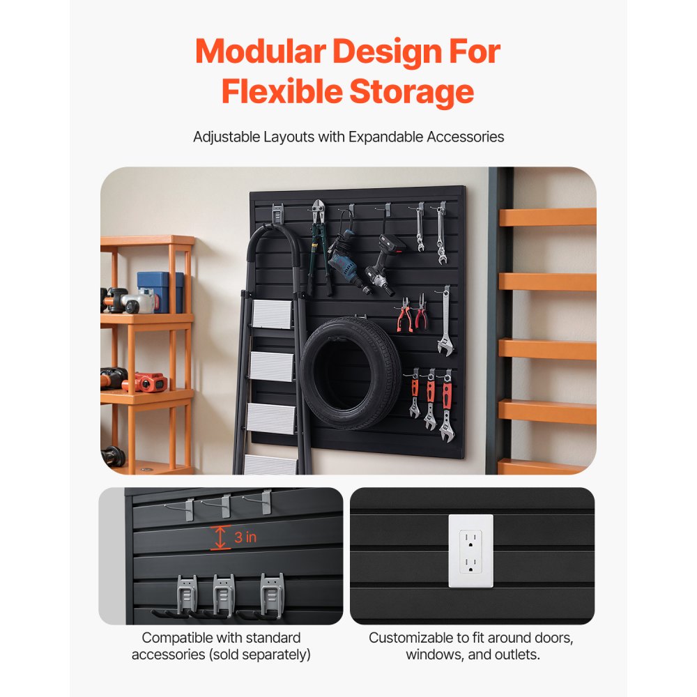 VEVOR Tool Wall 1230x1235x20 mm, PVC Garage Slatwall, 136 kg per panel, black wall organizer, slatwall panel with coupling structure & DIY cutting, suitable for storage & presentation