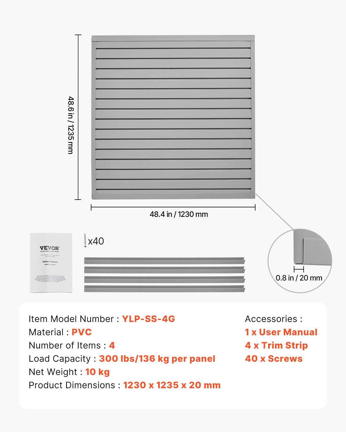 VEVOR Tool Wall 1230x1235x20mm, PVC Garage Slatwall, Gray Wall Organizer 136 kg per Panel, Slatwall Panel with Interlocking Structure & DIY Cutting, Suitable for Storage & Presentation