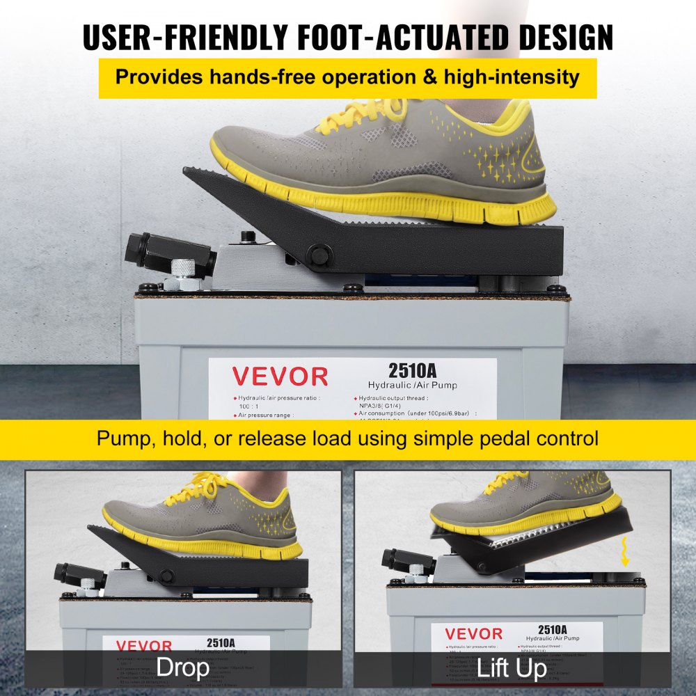 VEVOR Hydraulische Fußpumpe 2510A, Luftbetätige Pedal, Zylinder Hydraulikpumpe 6,2 kg, Lufthydraulikpumpe aus Luftfahrtaluminium, Fußbetätigte Hydraulikpumpe für Automobilindustrie, Luftfahrt 75mpa