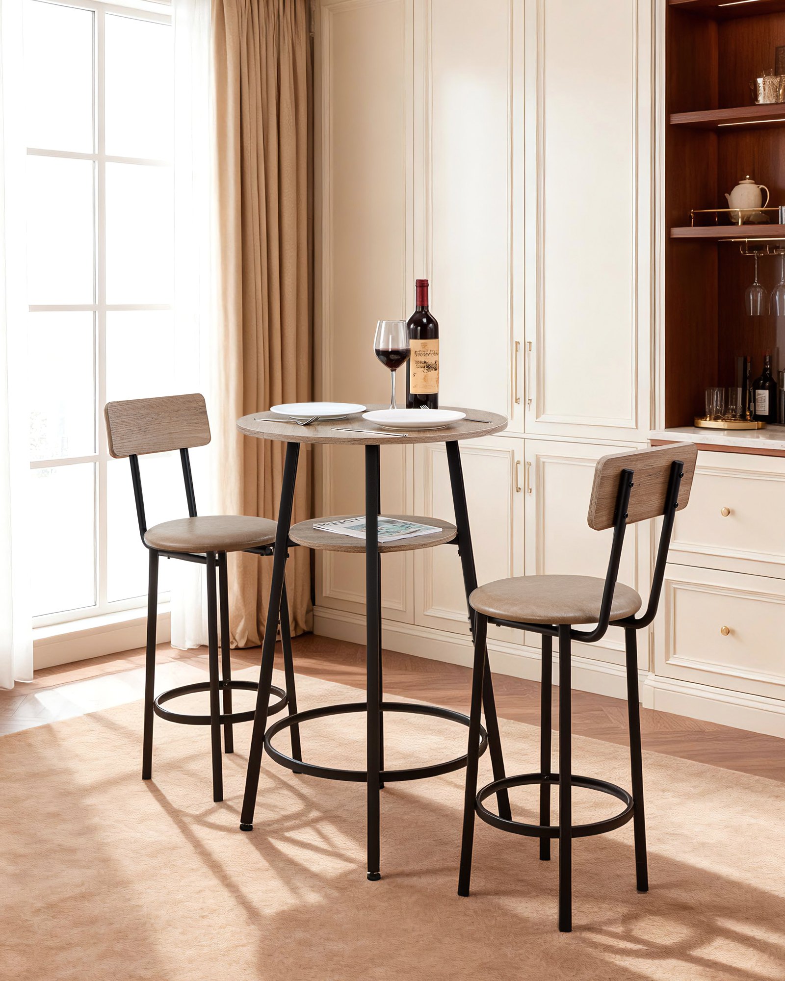 VEVOR Bar Table, 3PCS 596.9mm Bars Tables Set, Bar Tables and Chair Set with Rounded Corner Design, Round Pub Table with Two Stools for Office Desk, Breakfast Corner, Mini Bars, Light Gray, Black