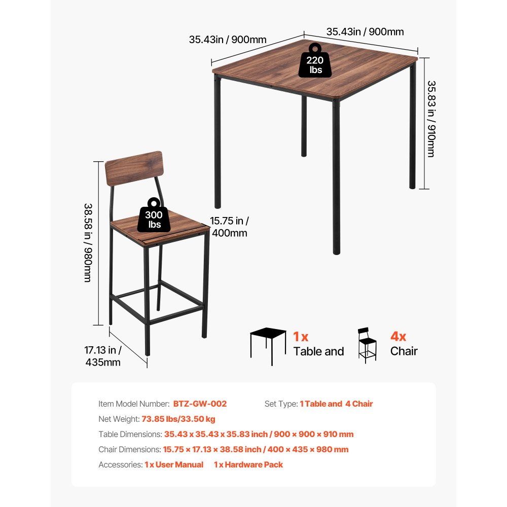 VEVOR Bartisch-Set (5-tlg.) mit 4 Barstühlen & abgerundeten Kanten, quadratischer Kneipentisch Stehtisch (90 x 90 x 91 cm), Bistrotisch Esstisch, geeignet für Büro Minibar Wohnzimmer Esszimmer