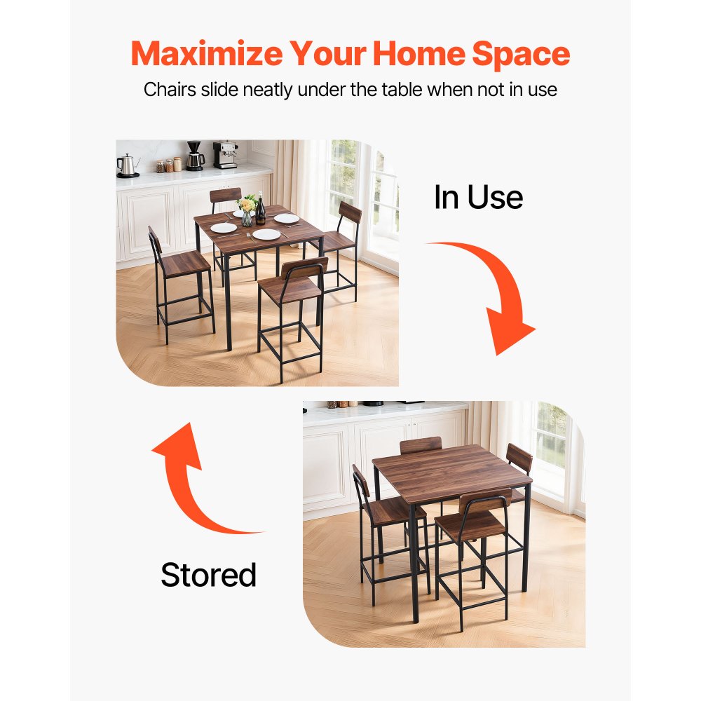 VEVOR Bartisch-Set (5-tlg.) mit 4 Barstühlen & abgerundeten Kanten, quadratischer Kneipentisch Stehtisch (90 x 90 x 91 cm), Bistrotisch Esstisch, geeignet für Büro Minibar Wohnzimmer Esszimmer