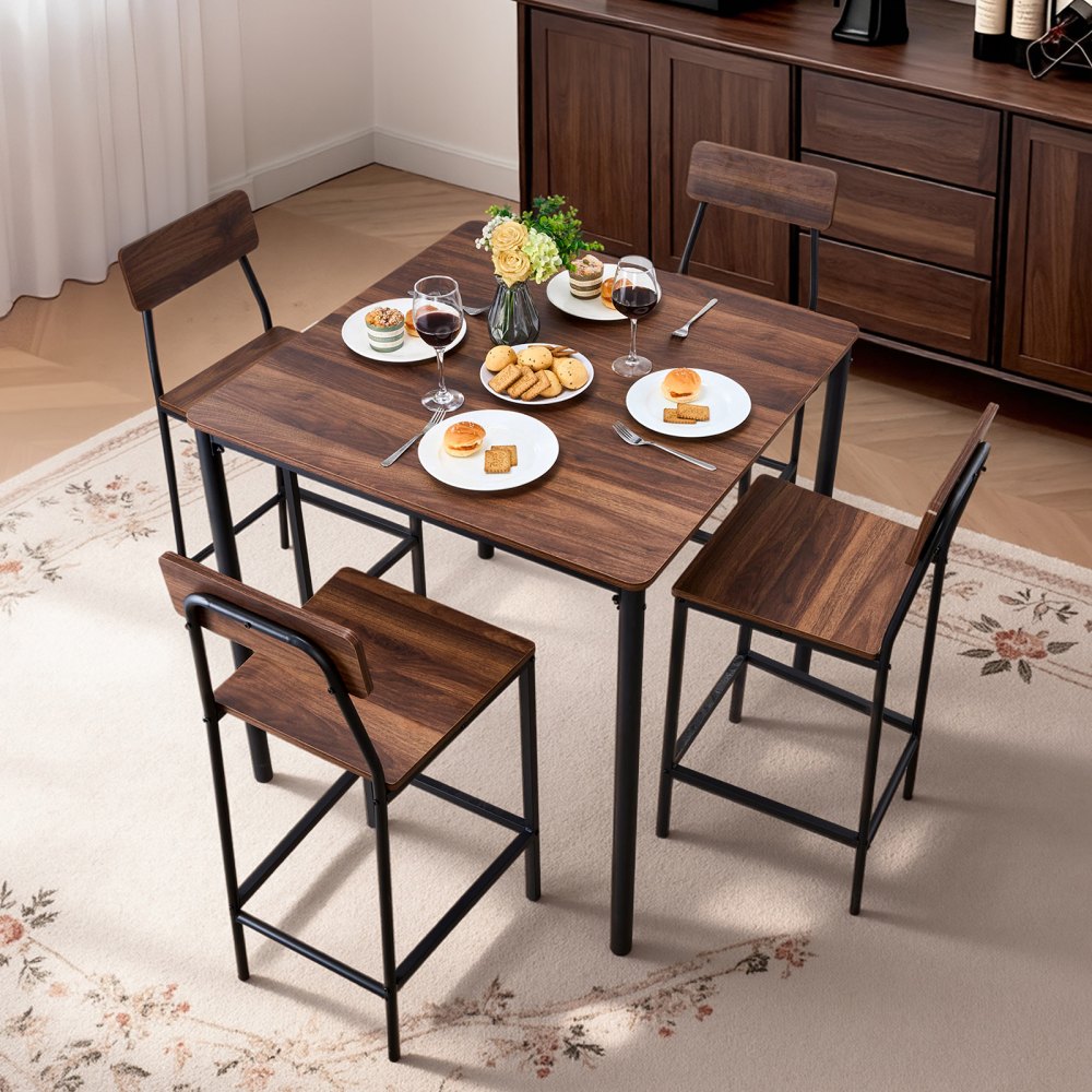 VEVOR Bartisch-Set (5-tlg.) mit 4 Barstühlen & abgerundeten Kanten, quadratischer Kneipentisch Stehtisch (90 x 90 x 91 cm), Bistrotisch Esstisch, geeignet für Büro Minibar Wohnzimmer Esszimmer