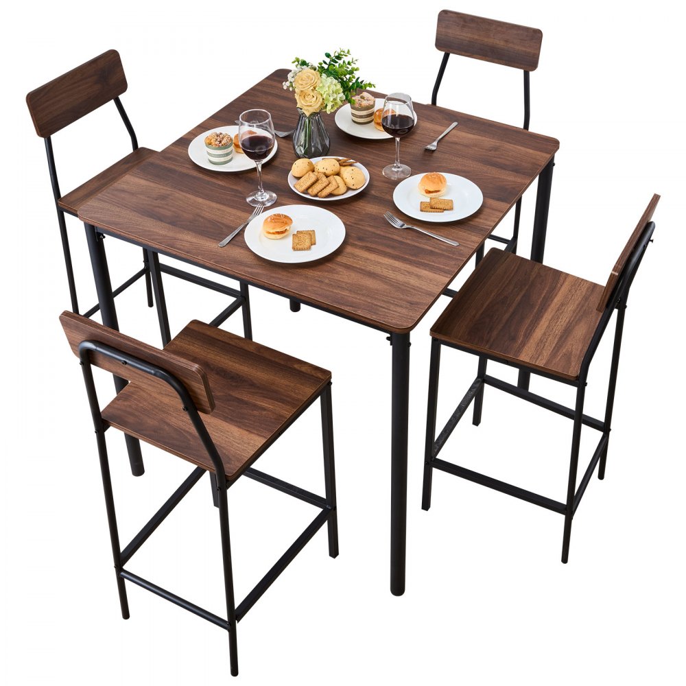 VEVOR Bartisch-Set (5-tlg.) mit 4 Barstühlen & abgerundeten Kanten, quadratischer Kneipentisch Stehtisch (90 x 90 x 91 cm), Bistrotisch Esstisch, geeignet für Büro Minibar Wohnzimmer Esszimmer