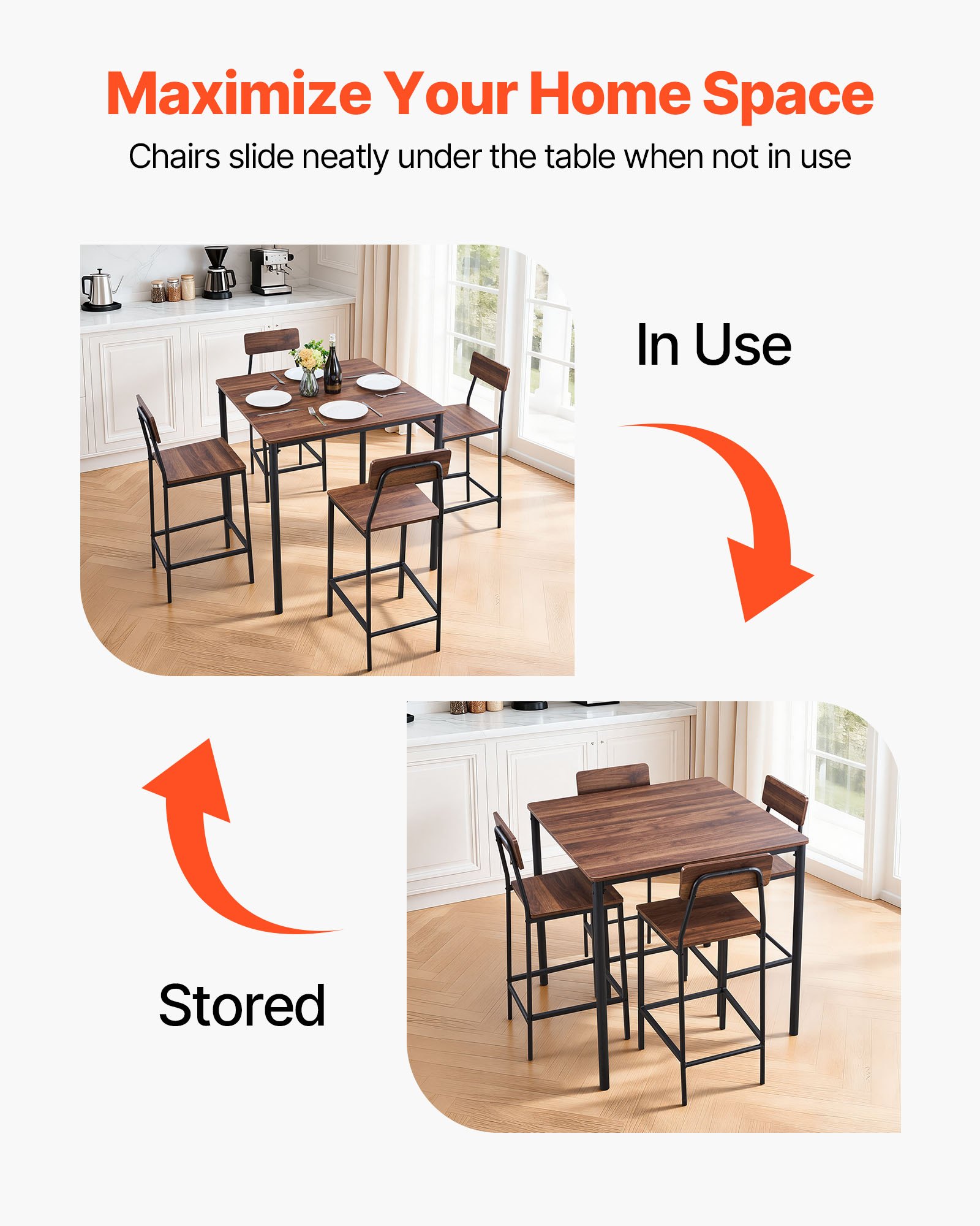 VEVOR Bartisch-Set (5-tlg.) mit 4 Barstühlen & abgerundeten Kanten, quadratischer Kneipentisch Stehtisch (90 x 90 x 91 cm), Bistrotisch Esstisch, geeignet für Büro Minibar Wohnzimmer Esszimmer
