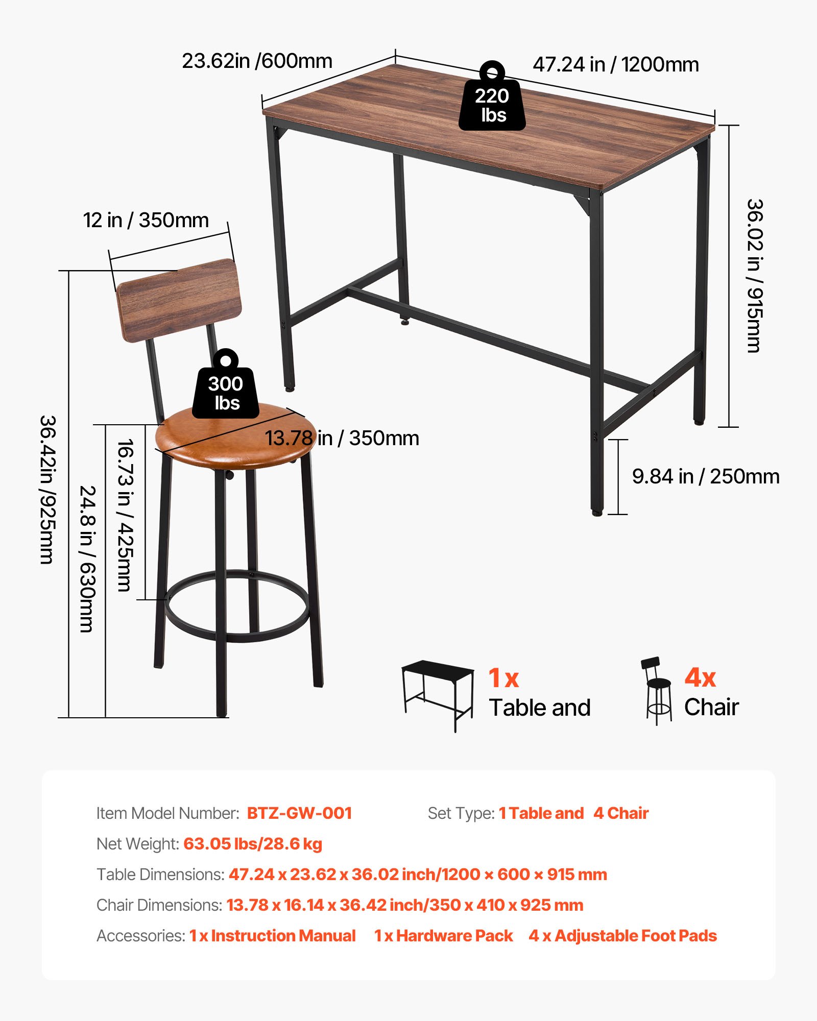 VEVOR Bartisch-Set (5-tlg.) mit 4 Barstühlen & abgerundeten Kanten, rechteckiger Kneipentisch Stehtisch (1200 x 600 x 915 mm), Bistrotisch Esstisch, geeignet für Büro Minibar Esszimmer Wohnzimmer