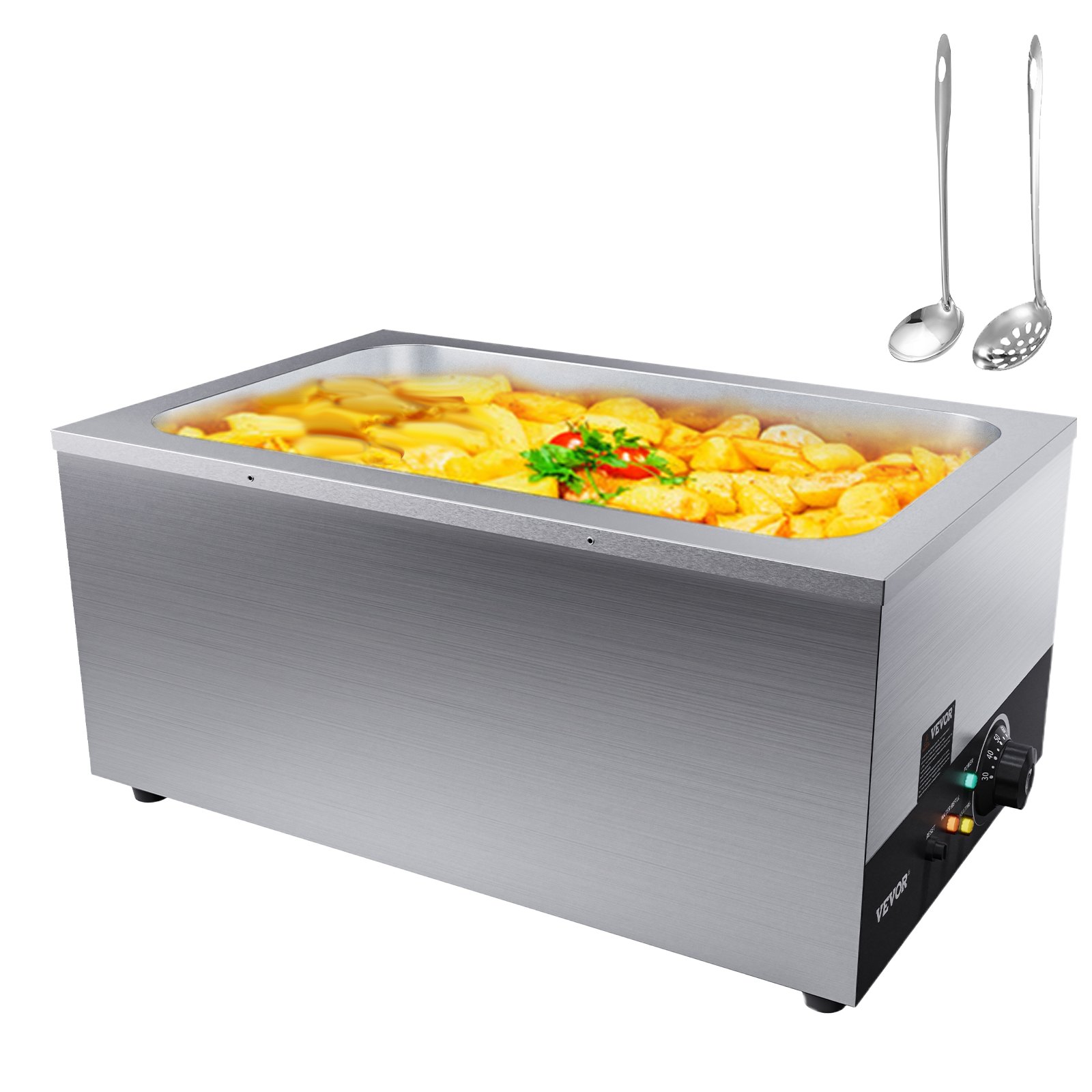 VEVOR Edelstahl Buffetwärmer Speisewärmer 1200 W, 1 x 26,4 L Buffetbehälter, 555 x 355 x 260 mm Wärmebehälter, inkl. Schöpfkellen mit langem Griff & Trockenbrennanzeige, für Kantine, Café usw.