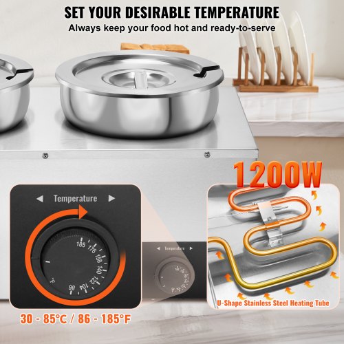 VEVOR Buffetwärmer 1200W – 2x 8,1L Edelstahltopf, Inkl. Deckel, Ablasshahn & Trockenschutz – Für Kantine & Café
