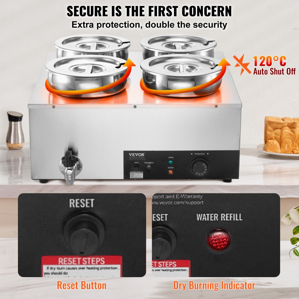 VEVOR elektrischer Suppenwärmer Speisenwärmer 4 x 7,4 Qt, kommerzieller Speisenwärmer 1500 W, einstellbare Temperatur von 30–85 °C, mit Trockenbrandschutz und Reset-Taste, für Restaurant, Buffet