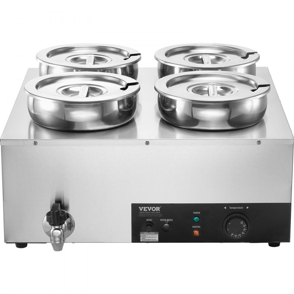 VEVOR elektrischer Suppenwärmer Speisenwärmer 4 x 7,4 Qt, kommerzieller Speisenwärmer 1500 W, einstellbare Temperatur von 30–85 °C, mit Trockenbrandschutz und Reset-Taste, für Restaurant, Buffet