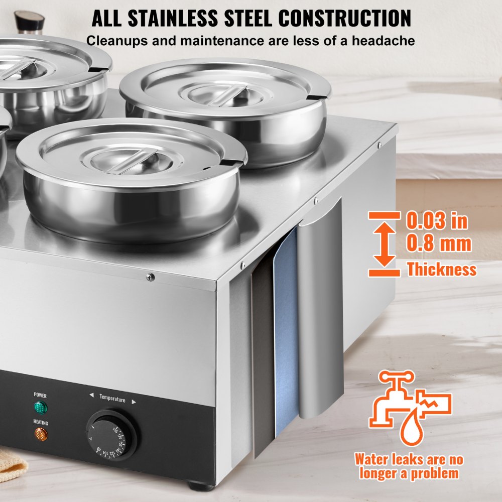 VEVOR elektrischer Suppenwärmer Speisenwärmer 4 x 7,4 Qt, kommerzieller Speisenwärmer 1500 W, einstellbare Temperatur von 30–85 °C, mit Trockenbrandschutz und Reset-Taste, für Restaurant, Buffet