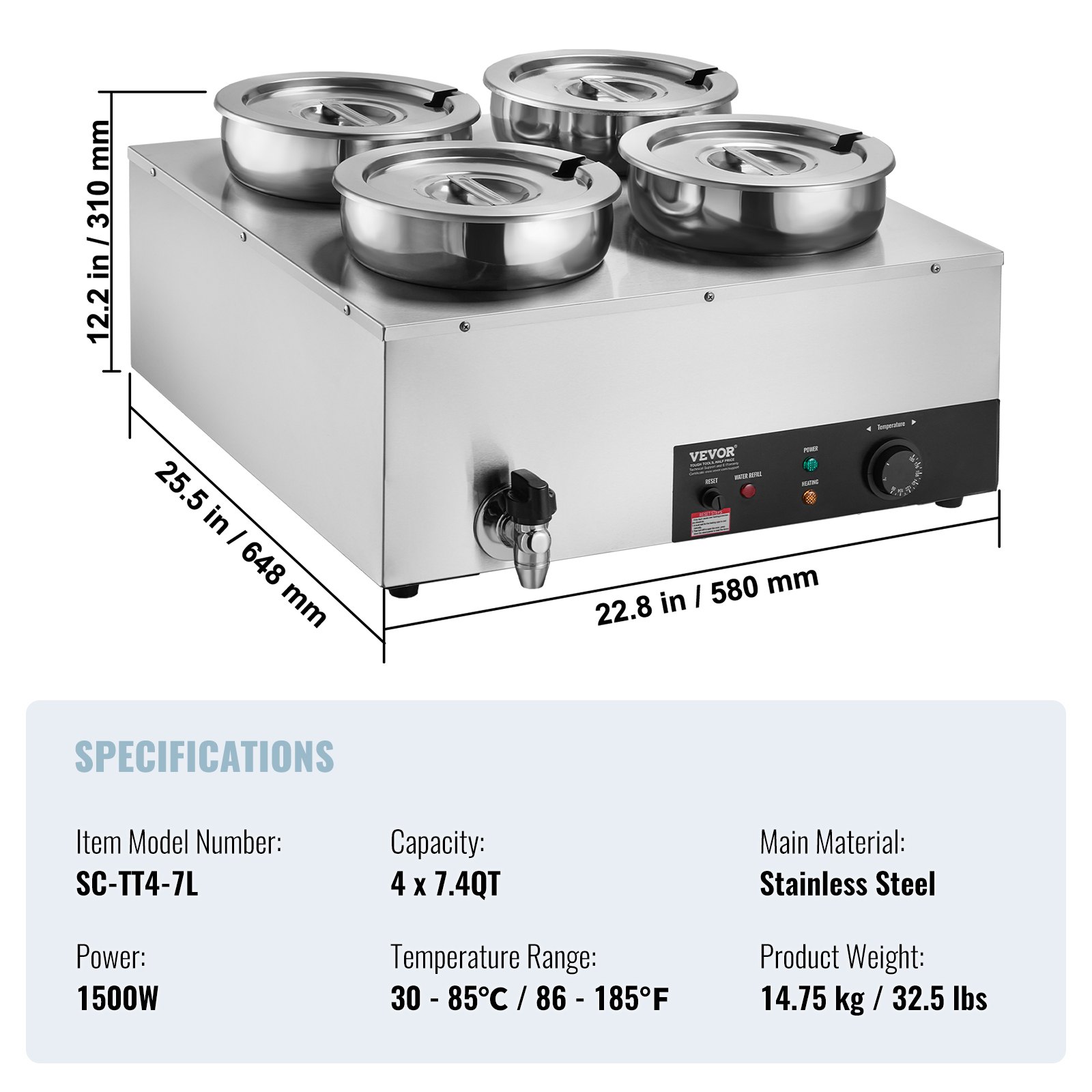 VEVOR elektrischer Suppenwärmer Speisenwärmer 4 x 7,4 Qt, kommerzieller Speisenwärmer 1500 W, einstellbare Temperatur von 30–85 °C, mit Trockenbrandschutz und Reset-Taste, für Restaurant, Buffet