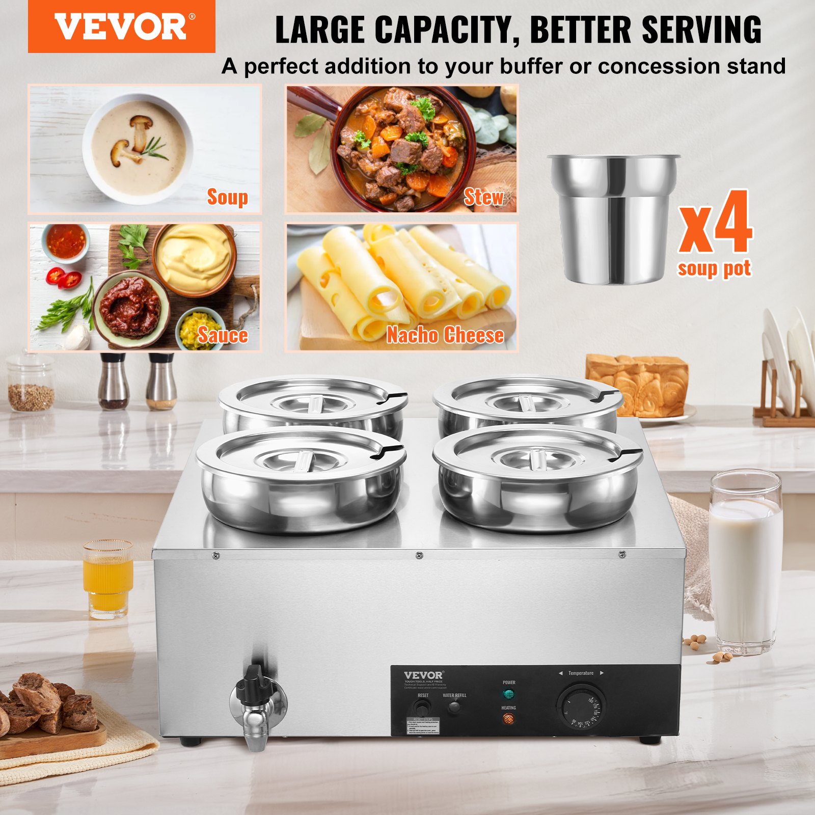 VEVOR elektrischer Suppenwärmer Speisenwärmer 4 x 7,4 Qt, kommerzieller Speisenwärmer 1500 W, einstellbare Temperatur von 30–85 °C, mit Trockenbrandschutz und Reset-Taste, für Restaurant, Buffet