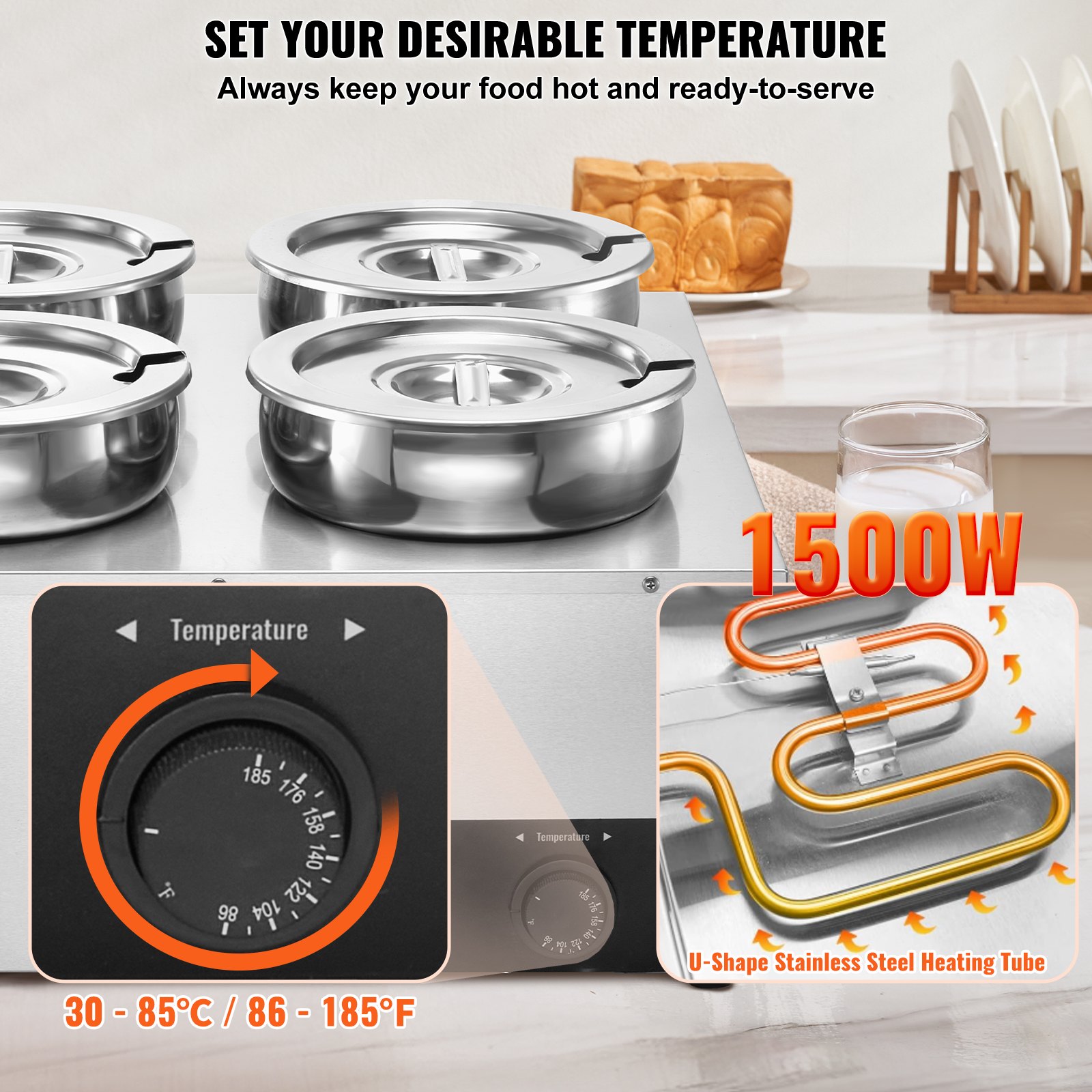 VEVOR elektrischer Suppenwärmer Speisenwärmer 4 x 7,4 Qt, kommerzieller Speisenwärmer 1500 W, einstellbare Temperatur von 30–85 °C, mit Trockenbrandschutz und Reset-Taste, für Restaurant, Buffet