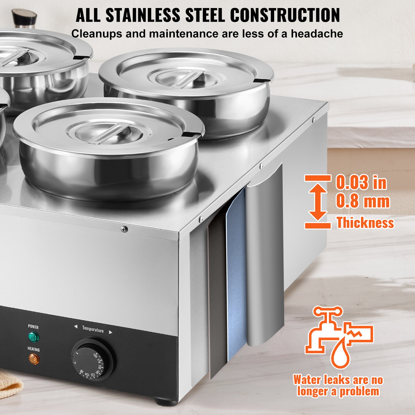 VEVOR elektrischer Suppenwärmer Speisenwärmer 4 x 7,4 Qt, kommerzieller Speisenwärmer 1500 W, einstellbare Temperatur von 30–85 °C, mit Trockenbrandschutz und Reset-Taste, für Restaurant, Buffet