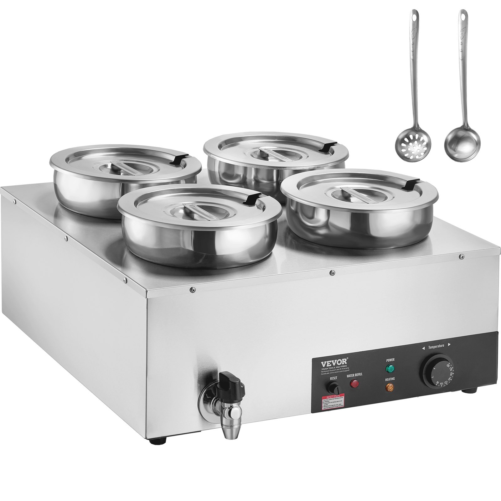 VEVOR elektrischer Suppenwärmer Speisenwärmer 4 x 7,4 Qt, kommerzieller Speisenwärmer 1500 W, einstellbare Temperatur von 30–85 °C, mit Trockenbrandschutz und Reset-Taste, für Restaurant, Buffet