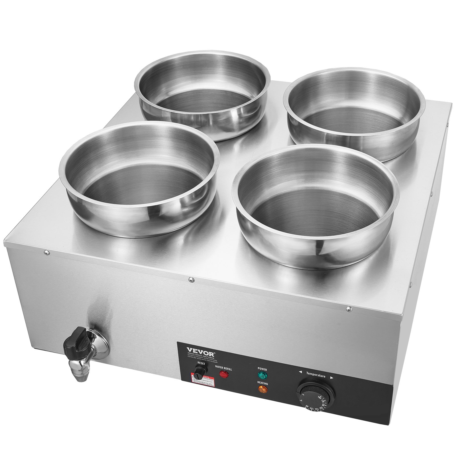 VEVOR elektrischer Suppenwärmer Speisenwärmer 4 x 7,4 Qt, kommerzieller Speisenwärmer 1500 W, einstellbare Temperatur von 30–85 °C, mit Trockenbrandschutz und Reset-Taste, für Restaurant, Buffet