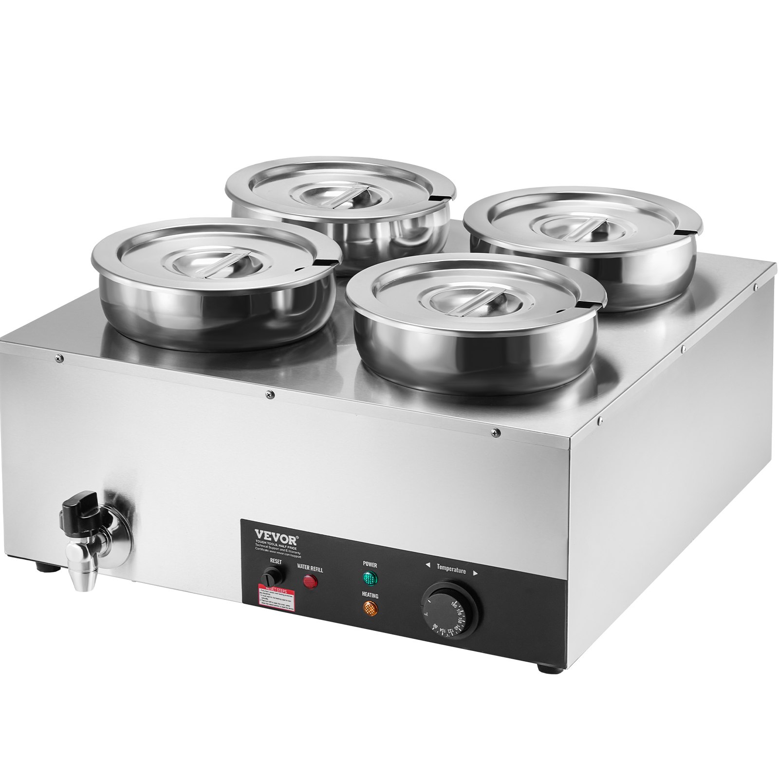 VEVOR elektrischer Suppenwärmer Speisenwärmer 4 x 7,4 Qt, kommerzieller Speisenwärmer 1500 W, einstellbare Temperatur von 30–85 °C, mit Trockenbrandschutz und Reset-Taste, für Restaurant, Buffet