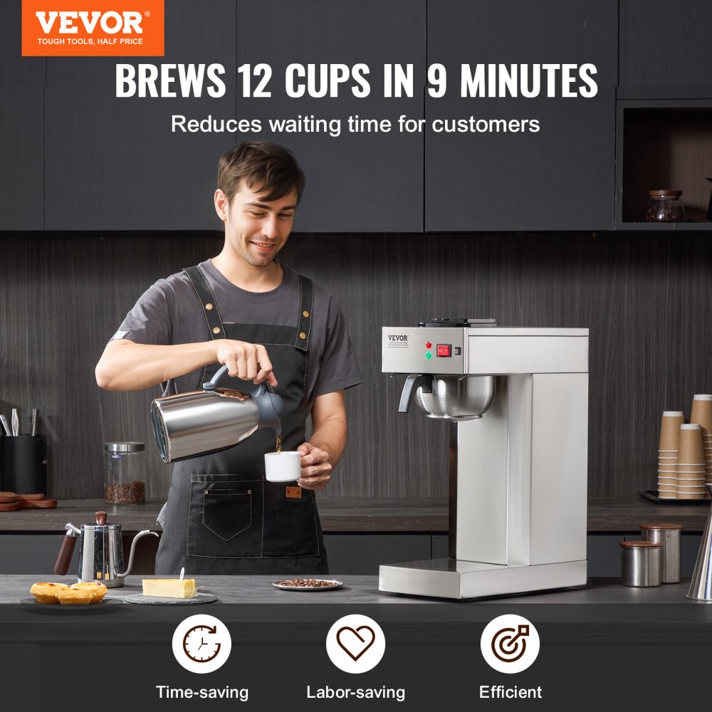 VEVOR Commercial Filter Coffee Machine, 12 Cups, Coffee Maker with Thermos Carafe for Keeping Coffee Hot or Cold & 2.8L Water Tank, Stainless Steel Pour-Over Coffee Machine for Restaurants, Offices, and Cafes