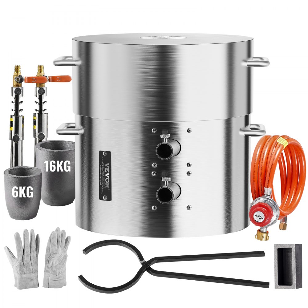 VEVOR Propan Schmelzofen Set 16 kg Gas Metall-Schmelzofen-Set, Doppelbrenner Gießerei Heimofen mit Tiegeln & Zangen, Schmelzgusswerkzeug für Gold Silber Kupfer Aluminium Metallrecycling