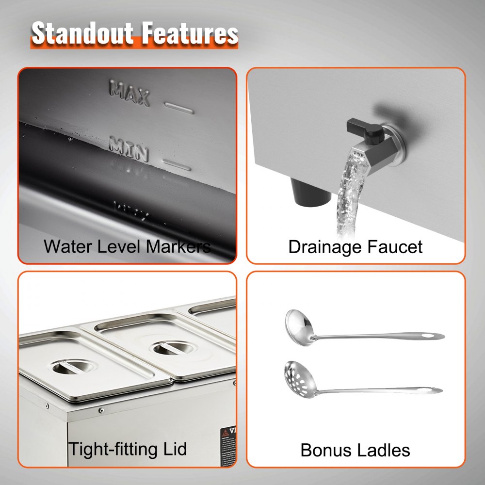 VEVOR Edelstahl Buffetwärmer Speisewärmer 1500 W 3 x 8,8 L Buffetbehälter 176 x 325 x 150 mm Jede Heizplatte verwendbar inkl. Deckel & Ablaufhahn &