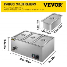 VEVOR Kommerzieller Speisenwärmer 3 Pfannen, Elektrischer Heizplattenwärmer 57,5x38x27 cm, Elektrischer Wärmer 1200 W, 7 L Elektrischer Wärmer-Behälter aus Edelstahl 30x15x15 cm Jede Pfanne