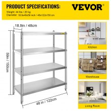 VEVOR Edelstahlregal Gastronomie 4 Böden Schwerlastregal Lagerregal 150kg küchenregale standregal 122 x 48 x 150 cm Standing Shelf Rack