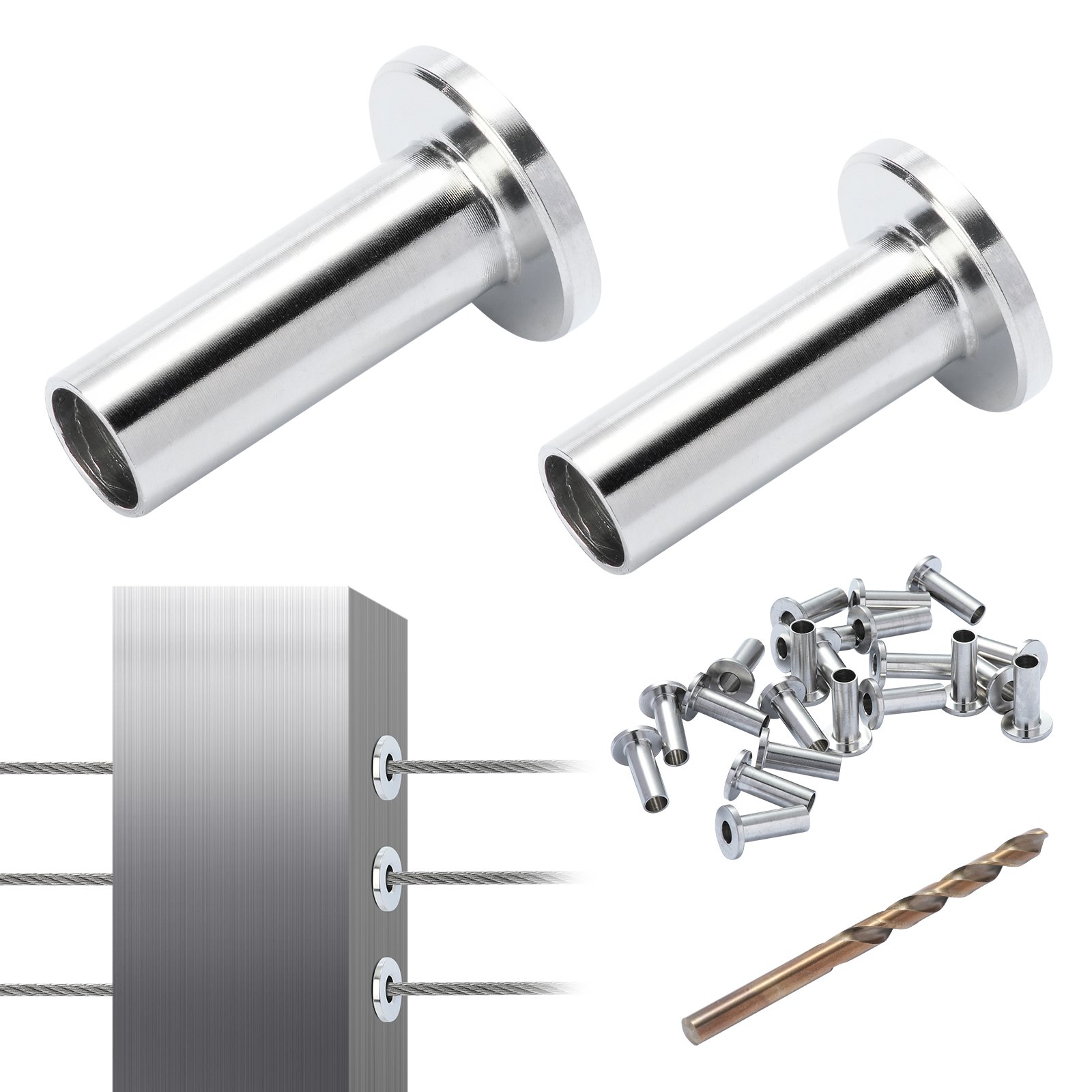 VEVOR 121er-Pack T316-Edelstahl-Schutzhüllen für 5/32" 3/16" Drahtseil-Kabelgeländer, DIY-Balustrade T316 in Marinequalität, mit einem kostenlosen Bohrer, Silber