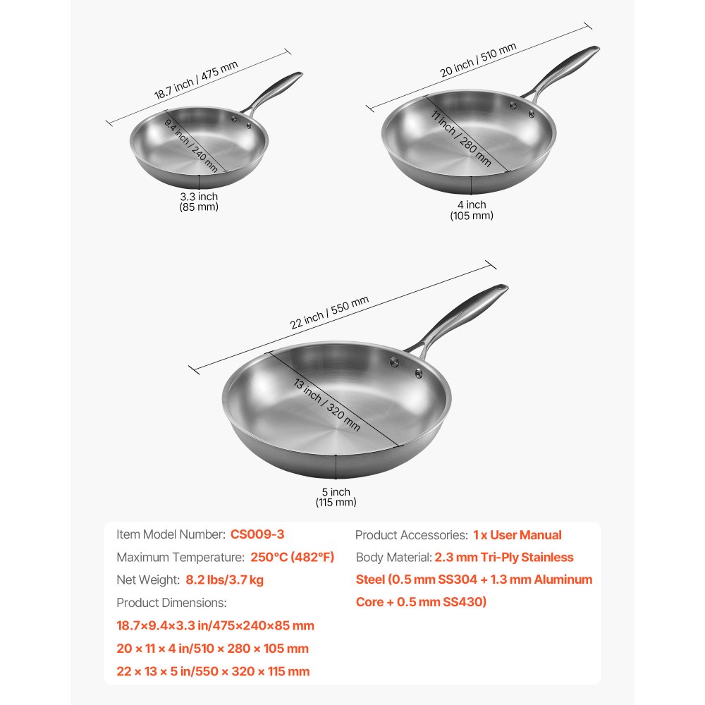 VEVOR Tri-Ply Stainless Steel Frying Pan, 3 Piece (240, 280, 320 mm), Cooking Skillet with Heat-Resistant Handle, Chef's Kitchen Cookware, Oven, Gas, Electric, Induction, Dishwasher Compatible, Silver