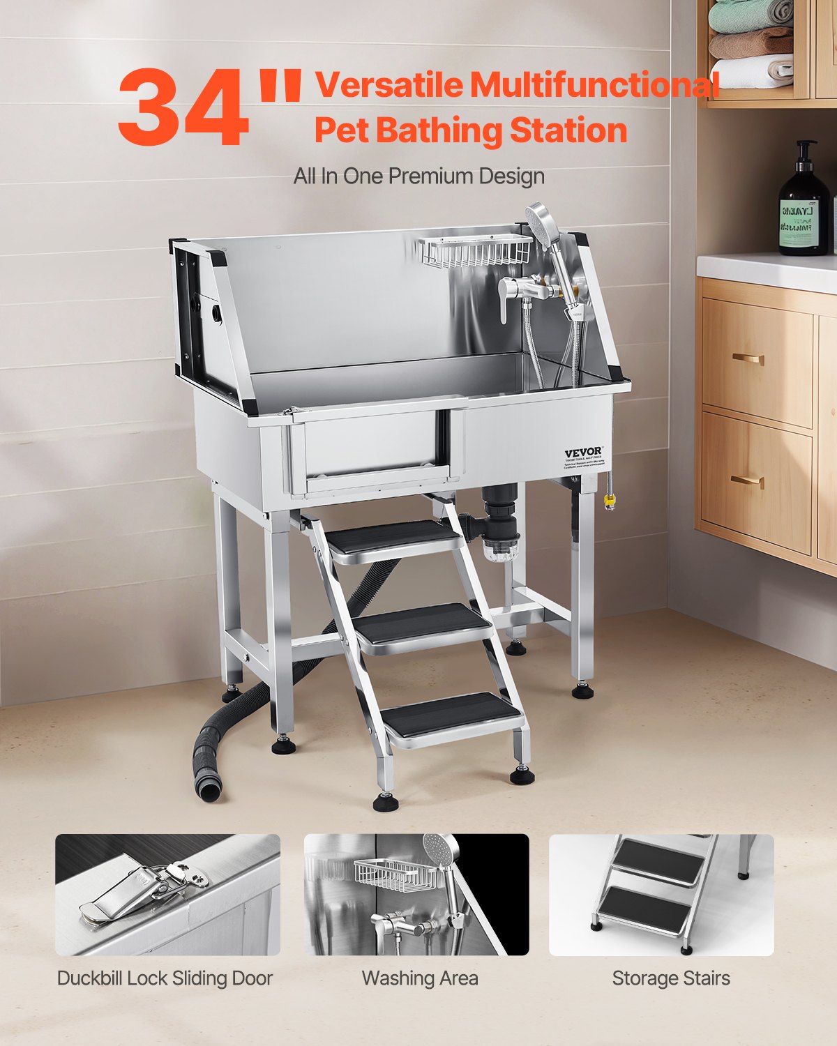VEVOR Hundewaschstation aus Edelstahl, 870x488x1025 mm Tierpflegewanne mit Ablagetreppe, Wasserhahn, Duschkopf & Seifenhalter, Hundebadewanne, für mittelgroße & kleine Haustiere (linke Tür)