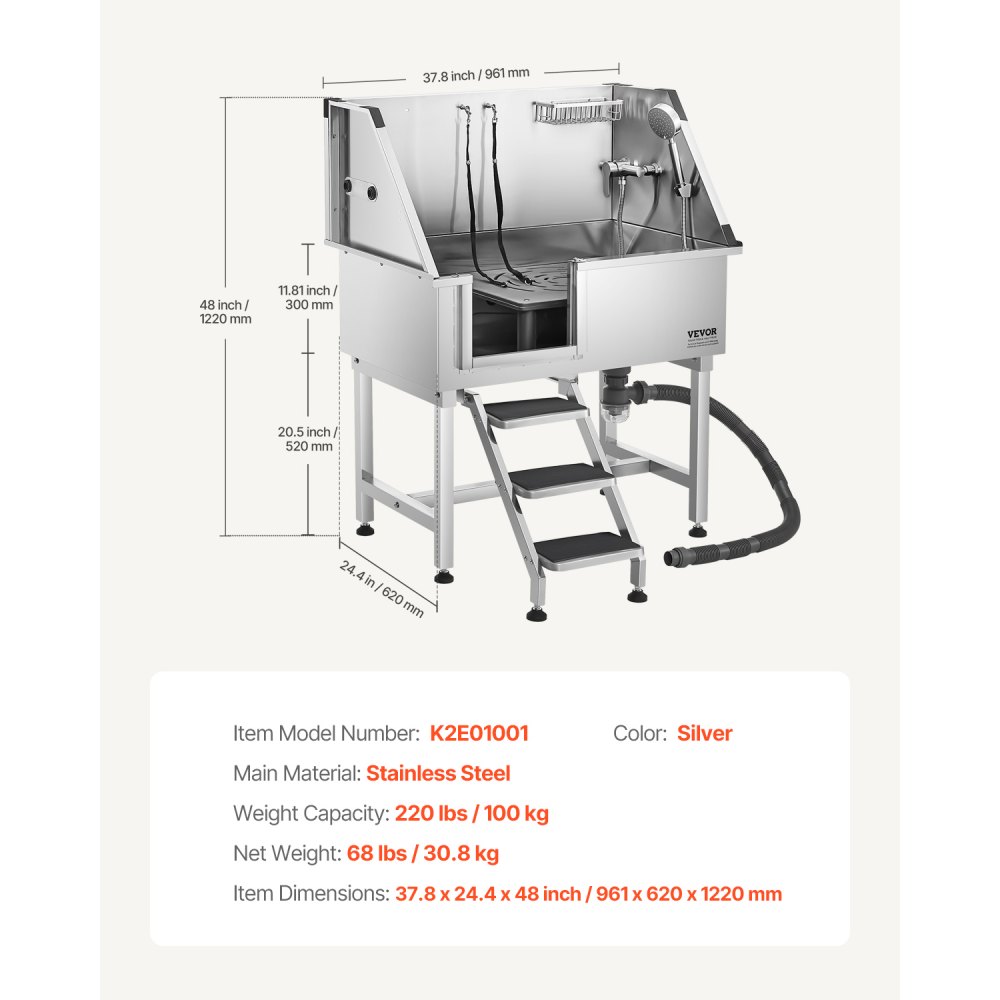 VEVOR Hundewaschstation aus Edelstahl, 961x620x1220 mm, Tierpflegewanne mit Ablagetreppe, Wasserhahn, Duschkopf & Seifenhalter, Hundebadewanne für große, mittelgroße & kleine Haustiere (linke Tür)