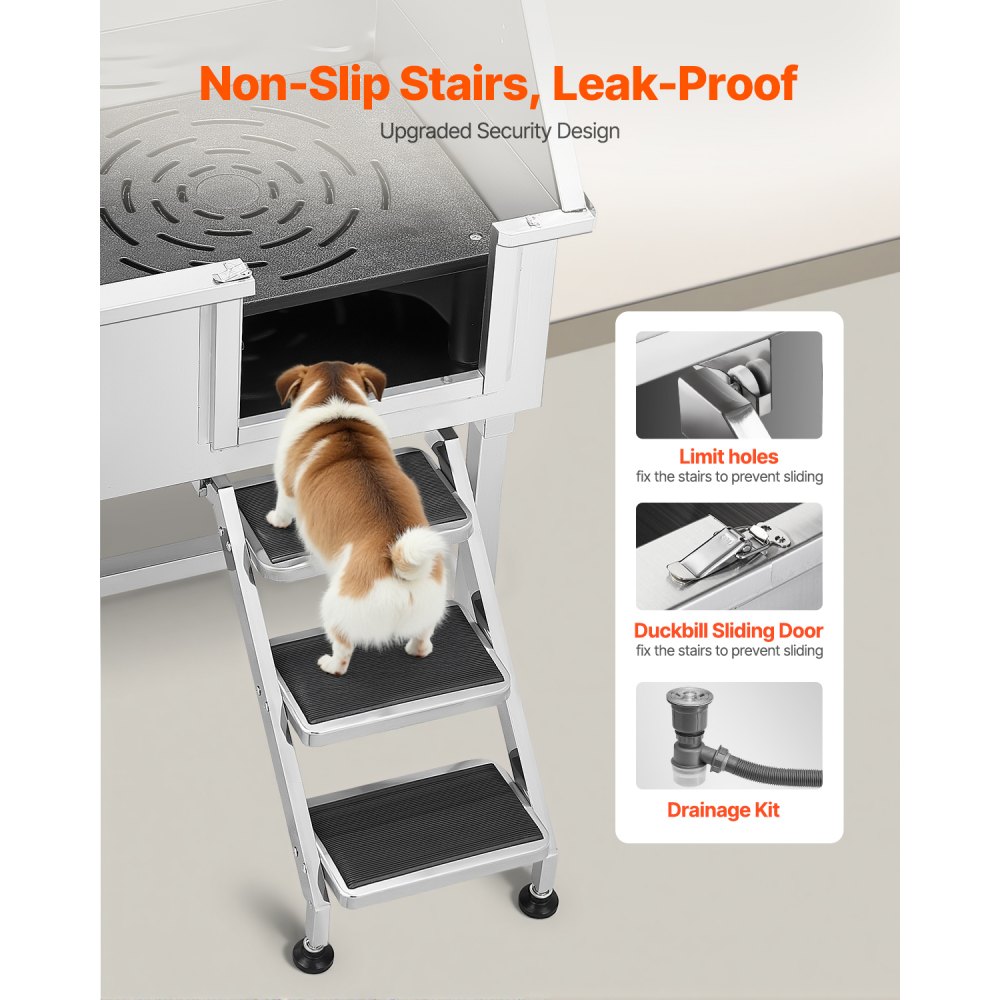 VEVOR Hundewaschstation aus Edelstahl, 961x620x1220 mm Tierpflegewanne mit Ablagetreppe, Wasserhahn, Duschkopf & Seifenhalter, für große, mittelgroße & kleine Haustiere (rechte Tür)