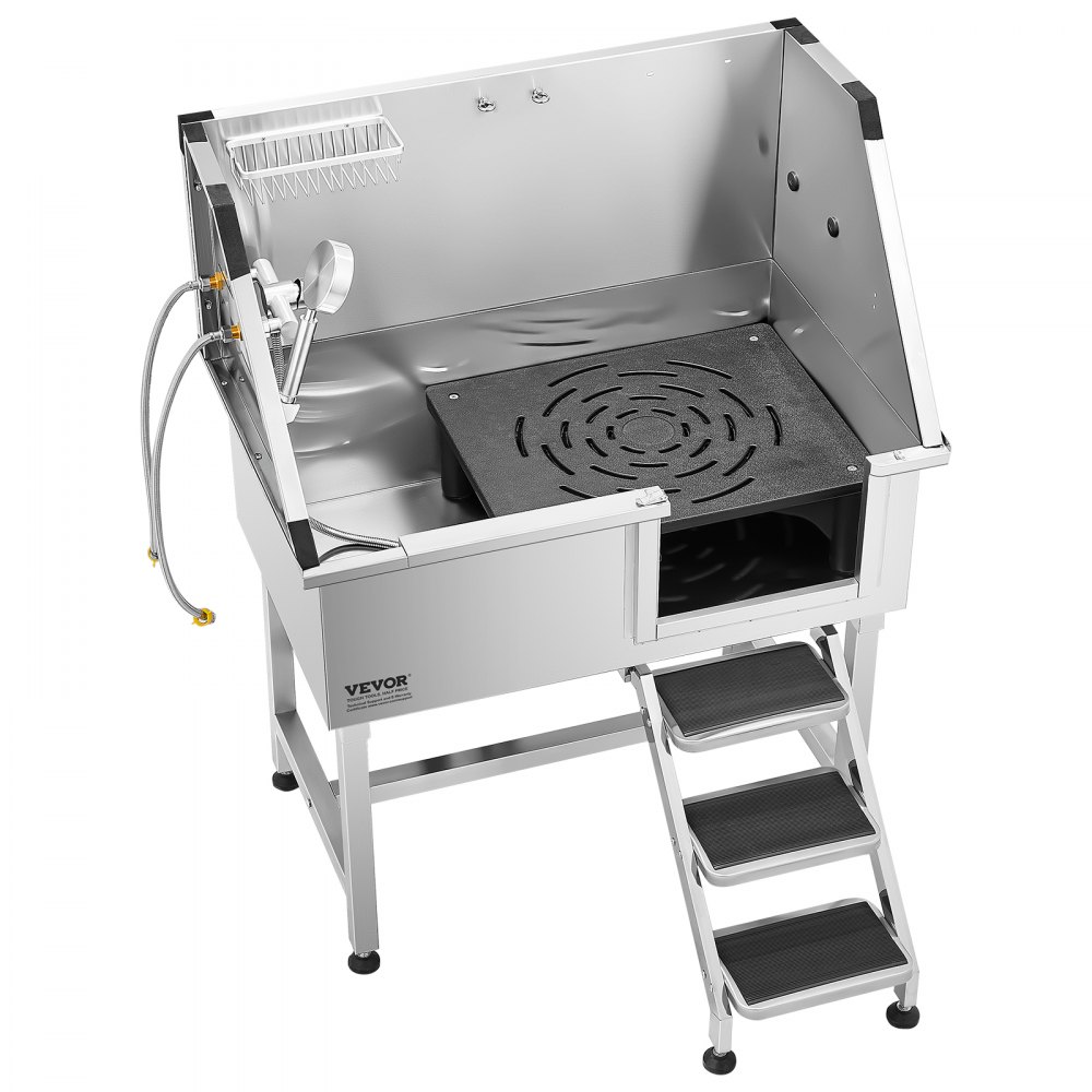 VEVOR Hundewaschstation aus Edelstahl, 961x620x1220 mm Tierpflegewanne mit Ablagetreppe, Wasserhahn, Duschkopf & Seifenhalter, für große, mittelgroße & kleine Haustiere (rechte Tür)