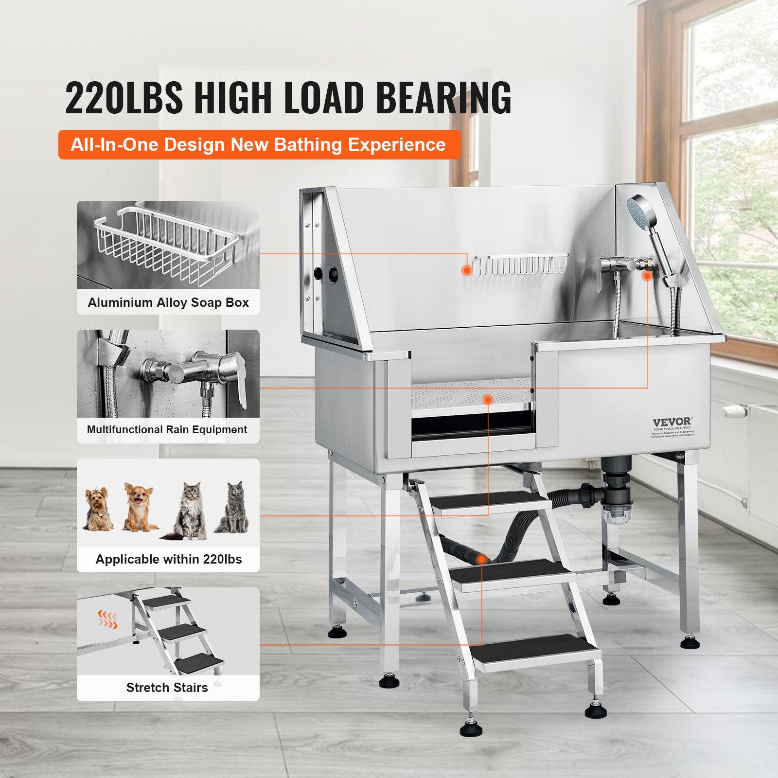 VEVOR Professionelle Hundepflegewanne 965,2mm Edelstahl Tierbadewanne Hundewaschstation max.100kg Hunden Pflege Dusche Hundewaschanlage Haustierpflegewanne Hundedusche Waschwanne