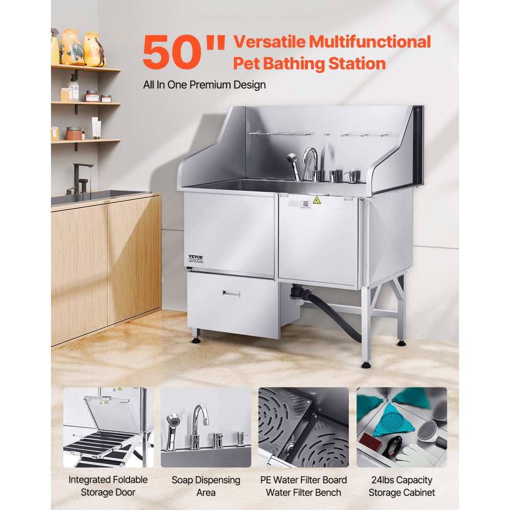VEVOR 304 Edelstahl-Hundewaschstation, 127 cm große Pflegebadewanne mit rutschfester, flacher Rampe, Schublade, Warm- und Kaltwasserhahn, All-in-One-Badewanne für Pflegesalons, für alle Größen geeignet (rechte Tür)