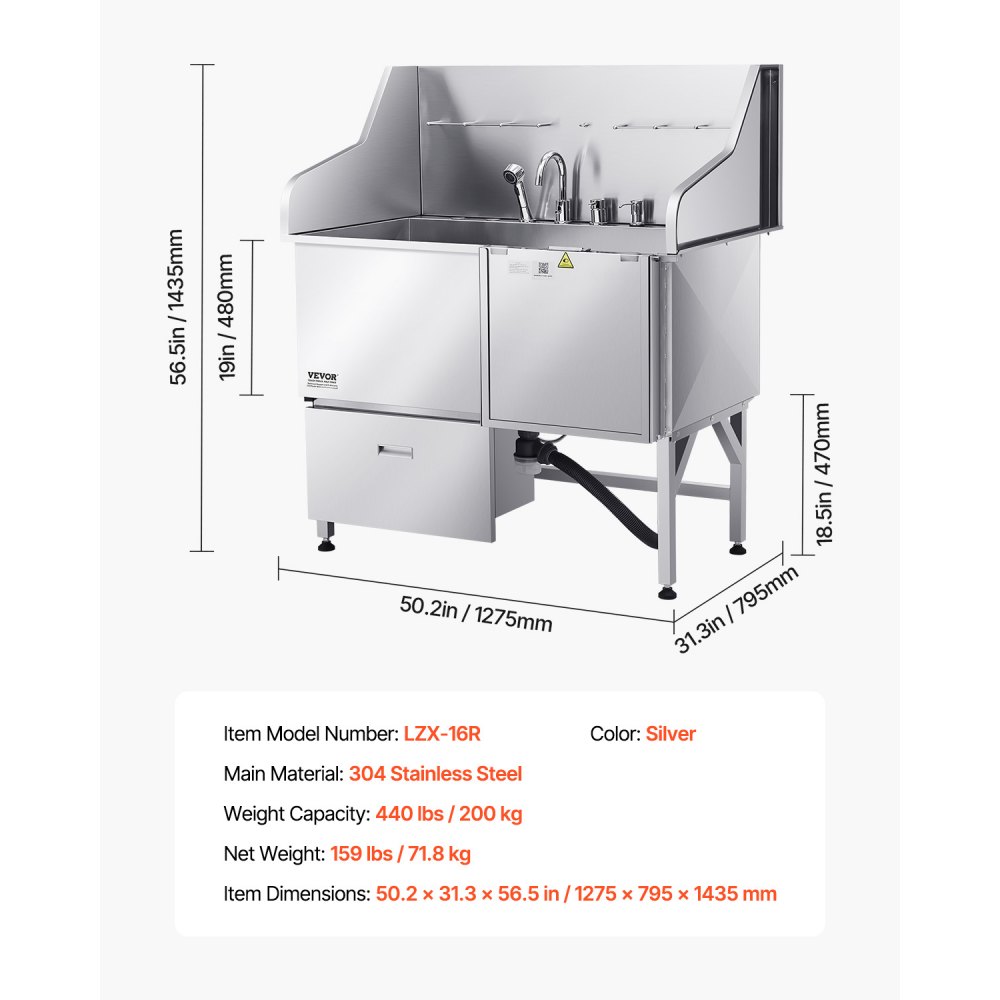 VEVOR 304 Edelstahl-Hundewaschstation, 127 cm große Pflegebadewanne mit rutschfester, flacher Rampe, Schublade, Warm- und Kaltwasserhahn, All-in-One-Badewanne für Pflegesalons, für alle Größen geeignet (rechte Tür)