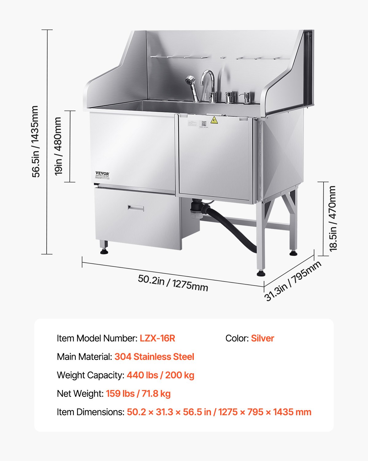 VEVOR 304 Edelstahl-Hundewaschstation, 127 cm große Pflegebadewanne mit rutschfester, flacher Rampe, Schublade, Warm- und Kaltwasserhahn, All-in-One-Badewanne für Pflegesalons, für alle Größen geeignet (rechte Tür)