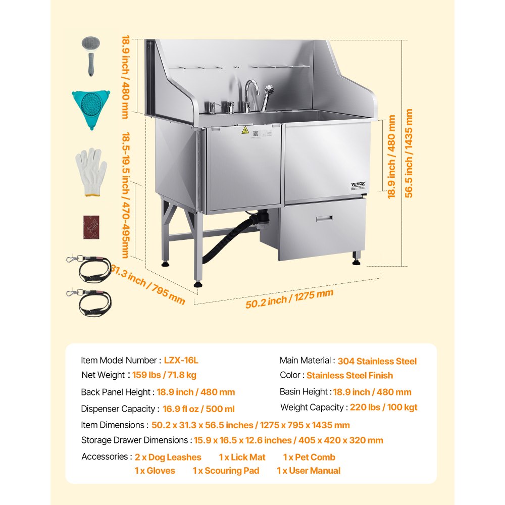 VEVOR 304 Edelstahl-Hundewaschstation, 127 cm große Pflegebadewanne mit rutschfester, flacher Rampe, Schublade, Warm- und Kaltwasserhahn, All-in-One-Badewanne für Pflegesalons, für alle Größen geeignet (linke Tür)