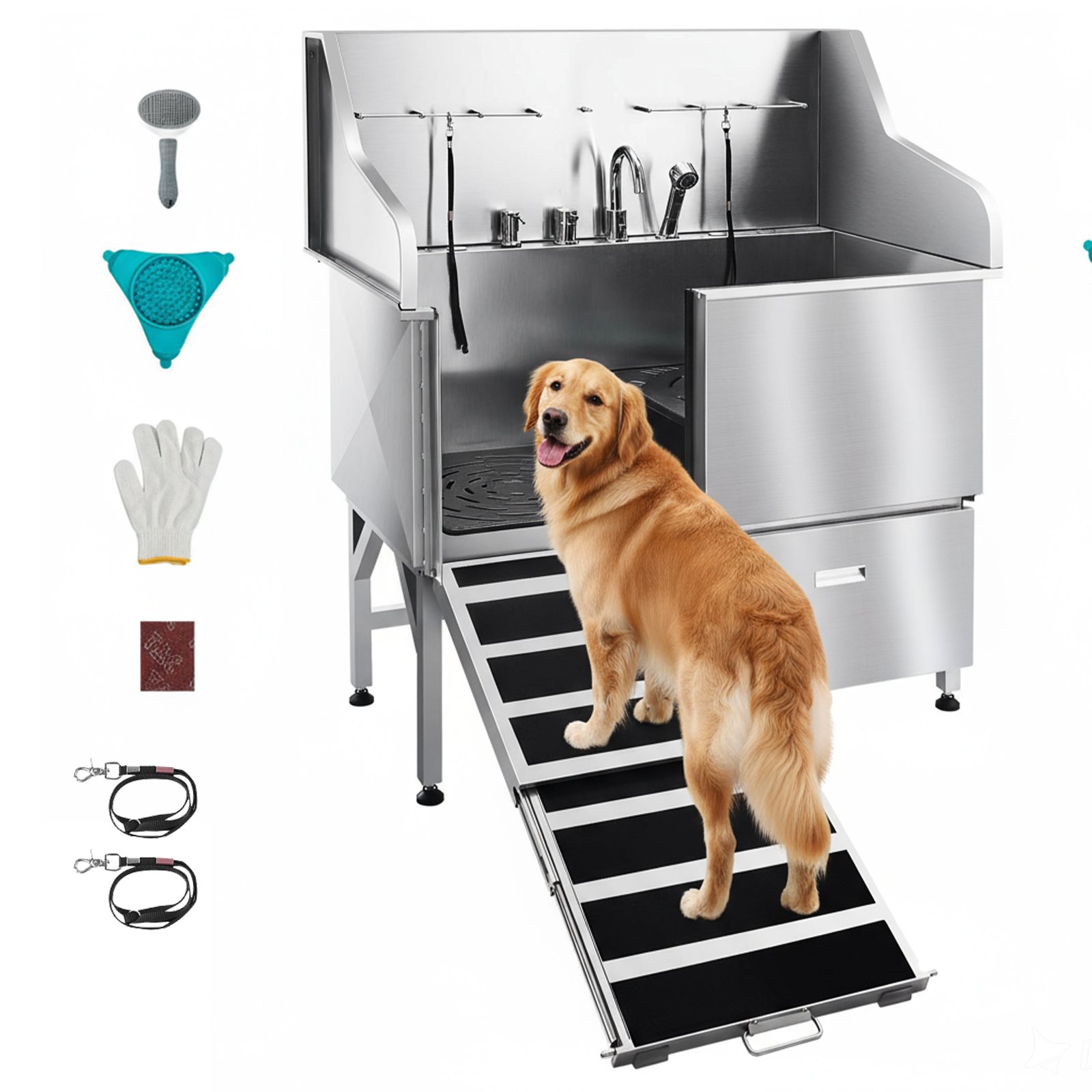 VEVOR 304 Edelstahl-Hundewaschstation, 127 cm große Pflegebadewanne mit rutschfester, flacher Rampe, Schublade, Warm- und Kaltwasserhahn, All-in-One-Badewanne für Pflegesalons, für alle Größen geeignet (linke Tür)