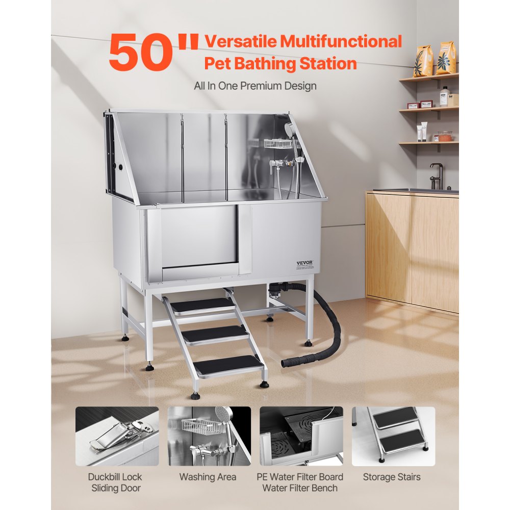 VEVOR Hundewaschstation Edelstahl, 1270x700x1545 mm Tierpflegewanne mit Treppe, PE-Wasserfilterplatte, Wasserhahn, Duschkopf & Seifenhalter, für große, mittelgroße & kleine Haustiere (linke Tür)