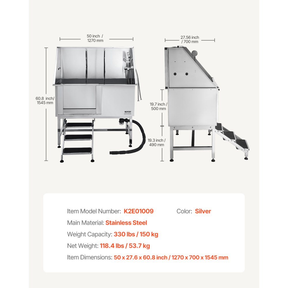 VEVOR Hundewaschstation Edelstahl, 1270x700x1545 mm Tierpflegewanne mit Treppe, PE-Wasserfilterplatte, Wasserhahn, Duschkopf & Seifenhalter, für große, mittelgroße & kleine Haustiere (linke Tür)