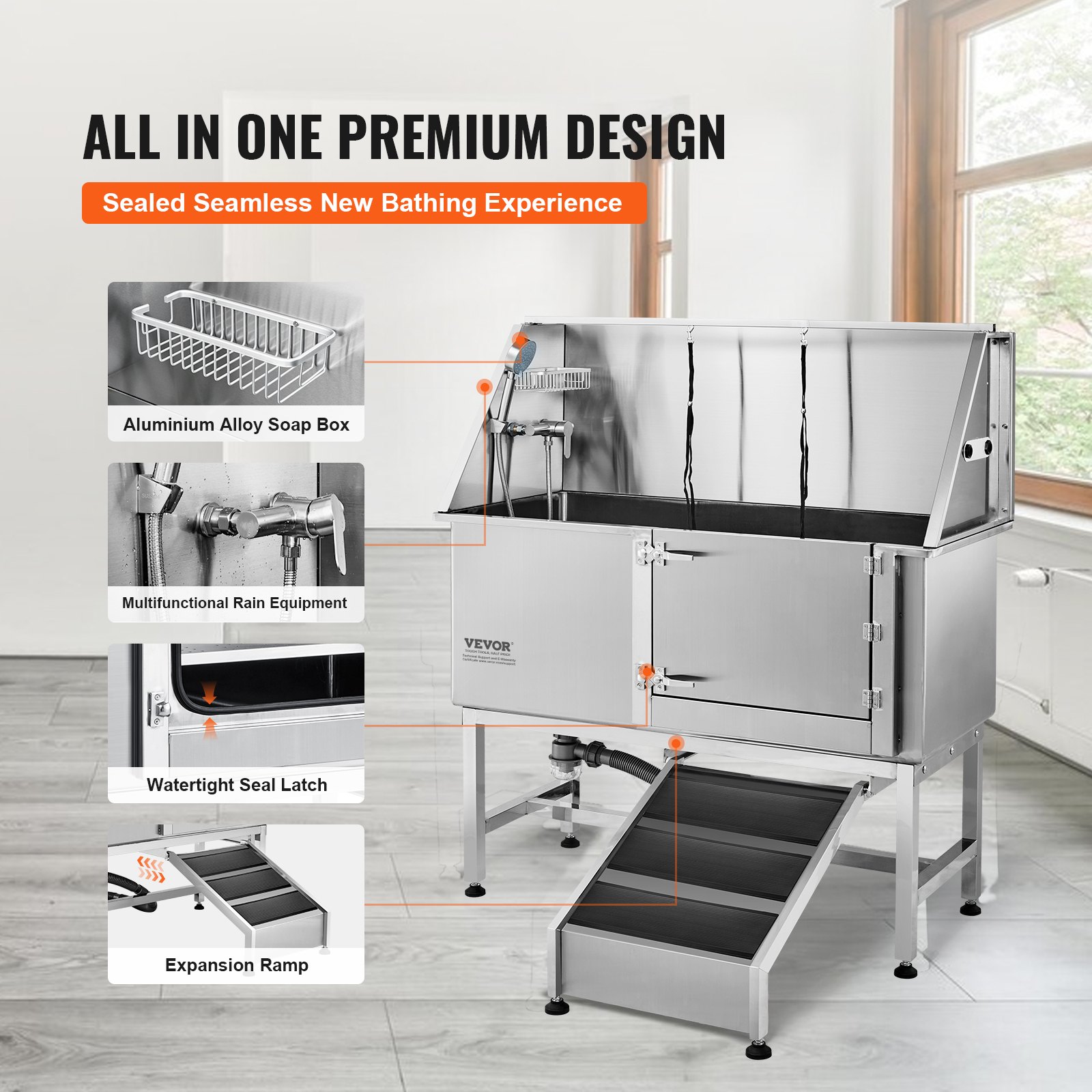 VEVOR Professionelle Hundepflegewanne 1270mm Edelstahl Tierbadewanne Hundewaschstation 150kg Hunden Pflege Dusche Hundewaschanlage Haustierpflegewanne mit rechten Tür Hundedusche Waschwanne