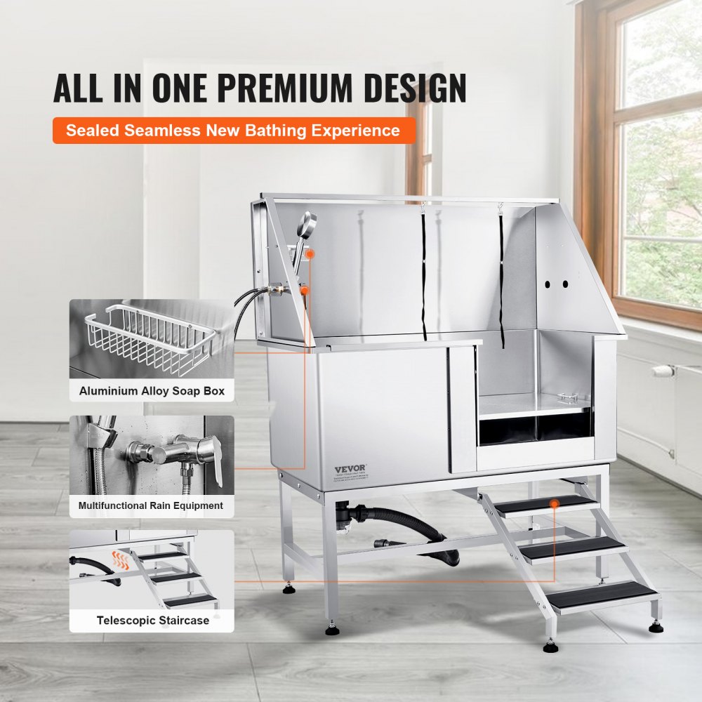 VEVOR Professionelle Hundepflegewanne 127cm Edelstahl Tierbadewanne Hundewaschstation max.150kg Hunden Pflege Dusche Hundewaschanlage Haustierpflegewanne mit rechter Tür Hundedusche Waschwanne