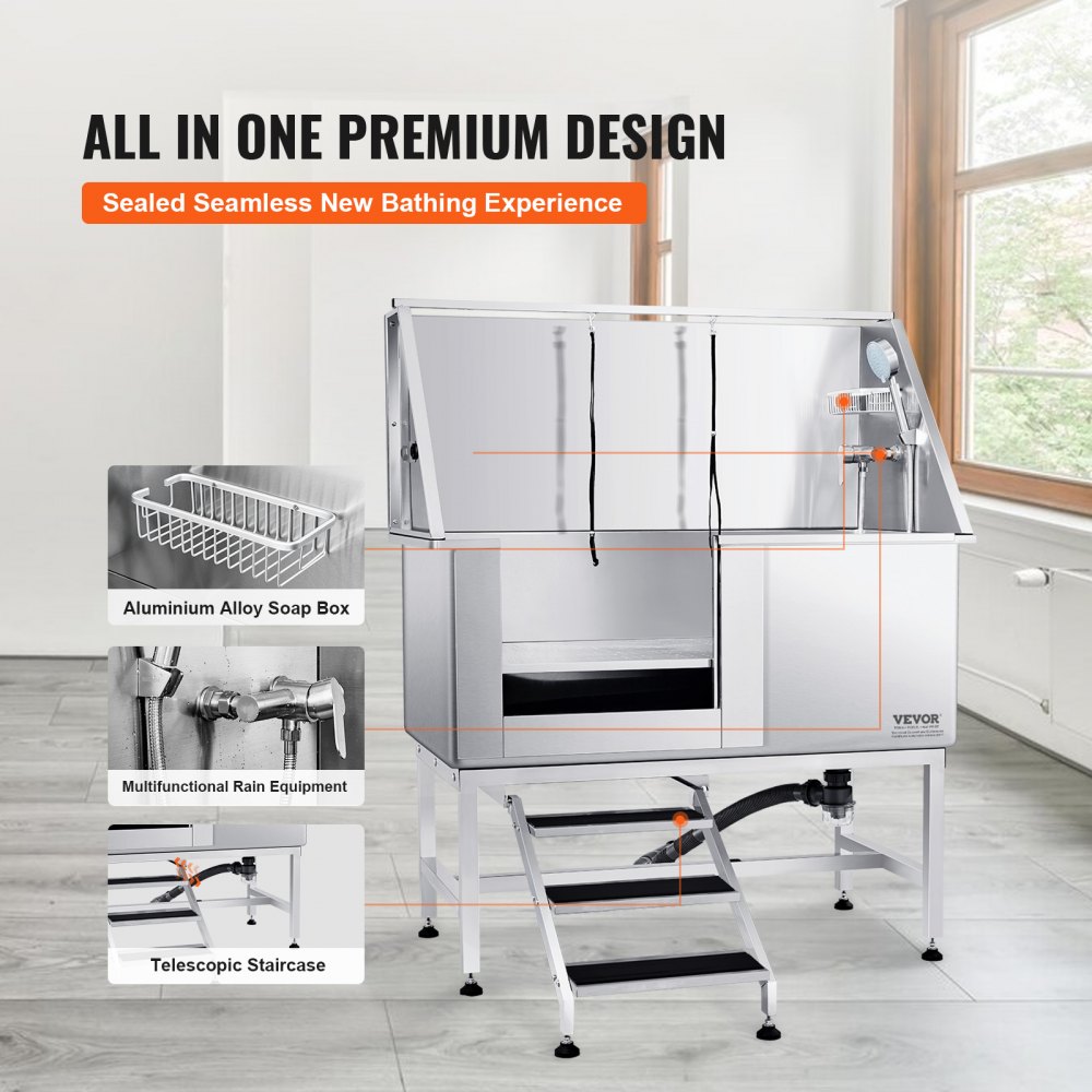 VEVOR Professionelle Hundepflegewanne 127cm Edelstahl Tierbadewanne Hundewaschstation max.150kg Hunden Pflege Dusche Hundewaschanlage Haustierpflegewanne mit linker Tür Hundedusche Waschwanne