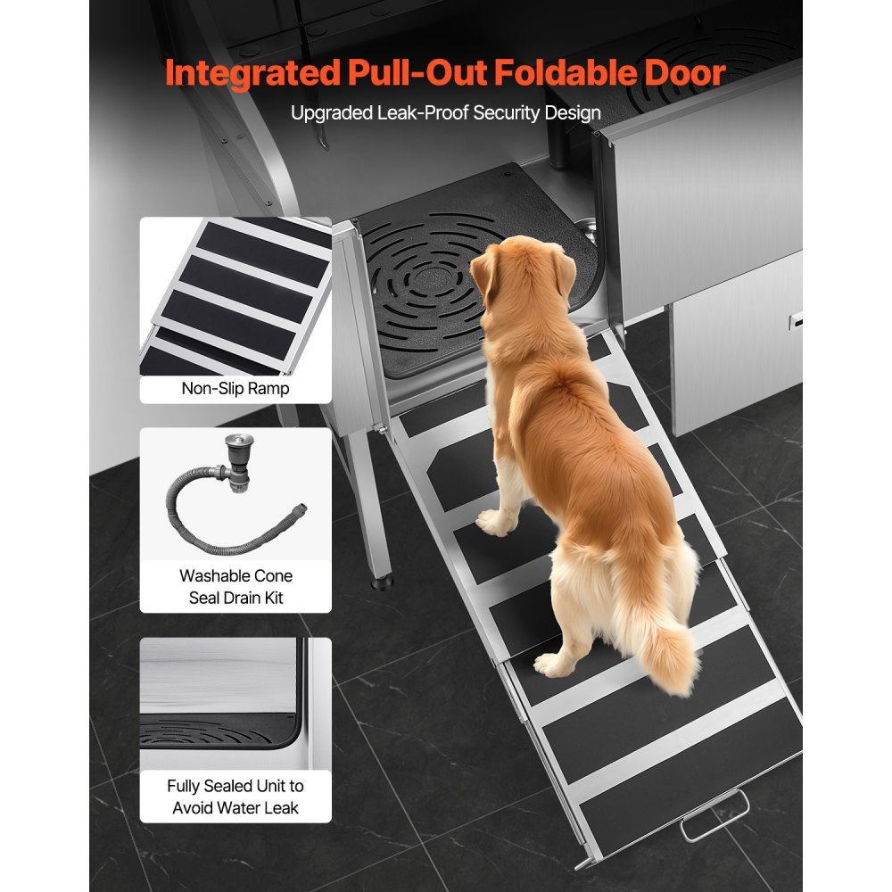 VEVOR 304 Edelstahl-Hundewaschstation, 154,9 cm große Pflegebadewanne mit rutschfester, flacher Rampe, Schublade, Warm- und Kaltwasserhahn, All-in-One-Badewanne für Pflegesalons, für alle Größen geeignet (linke Tür)