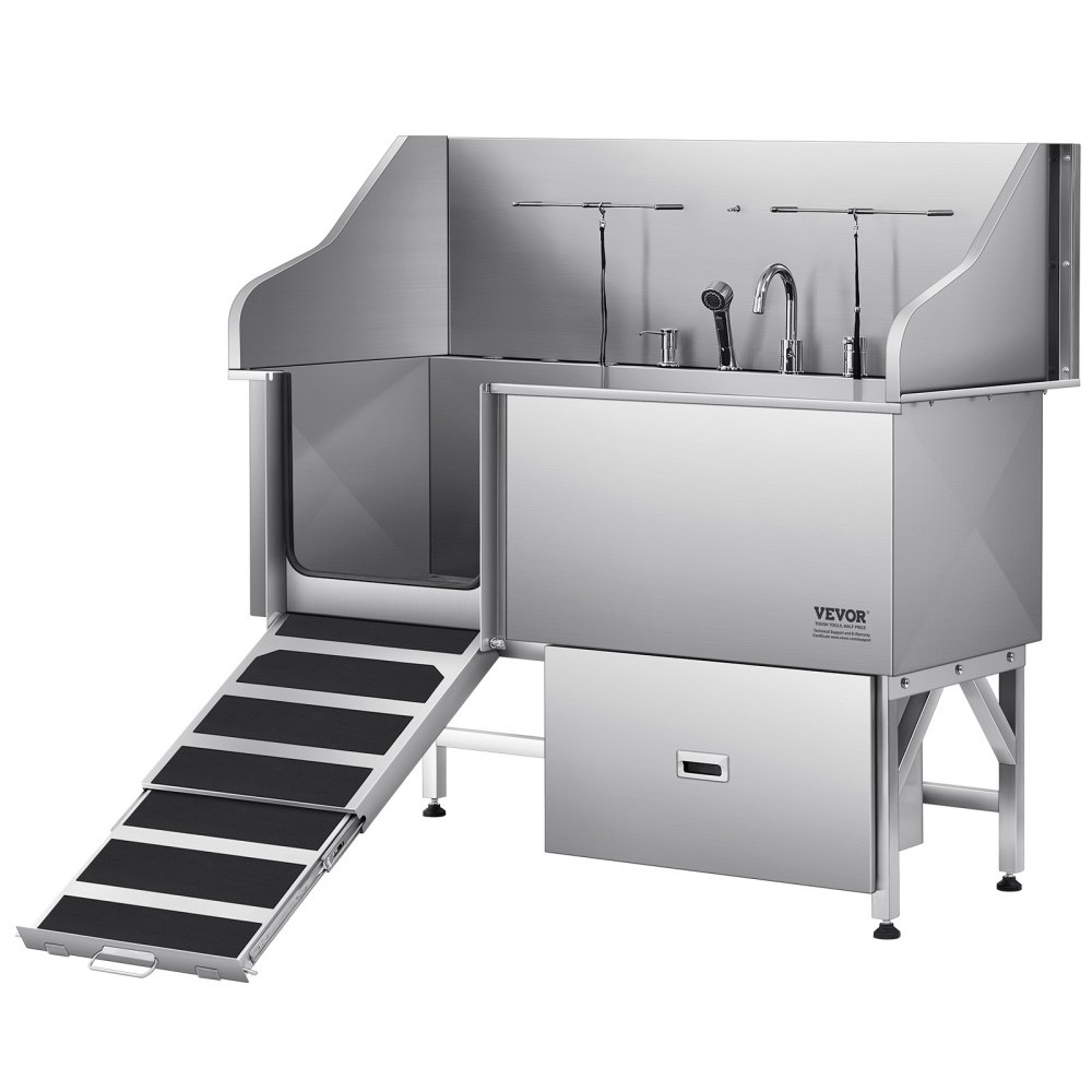 VEVOR 304 Edelstahl-Hundewaschstation, 154,9 cm große Pflegebadewanne mit rutschfester, flacher Rampe, Schublade, Warm- und Kaltwasserhahn, All-in-One-Badewanne für Pflegesalons, für alle Größen geeignet (linke Tür)