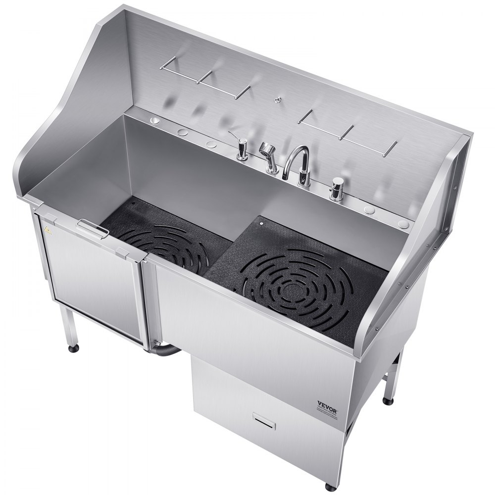 VEVOR 304 Edelstahl-Hundewaschstation, 154,9 cm große Pflegebadewanne mit rutschfester, flacher Rampe, Schublade, Warm- und Kaltwasserhahn, All-in-One-Badewanne für Pflegesalons, für alle Größen geeignet (linke Tür)