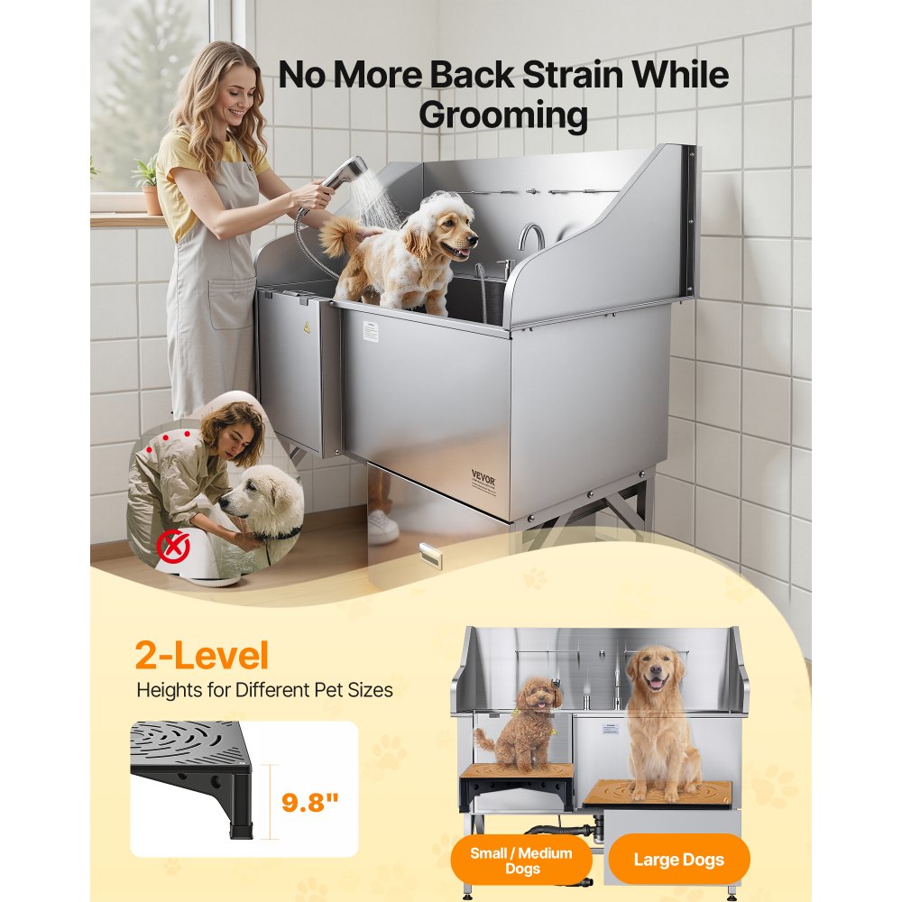 VEVOR 304 Edelstahl-Hundewaschstation, 154,9 cm große Pflegebadewanne mit rutschfester, flacher Rampe, Schublade, Warm- und Kaltwasserhahn, All-in-One-Badewanne für Pflegesalons, für alle Größen geeignet (linke Tür)