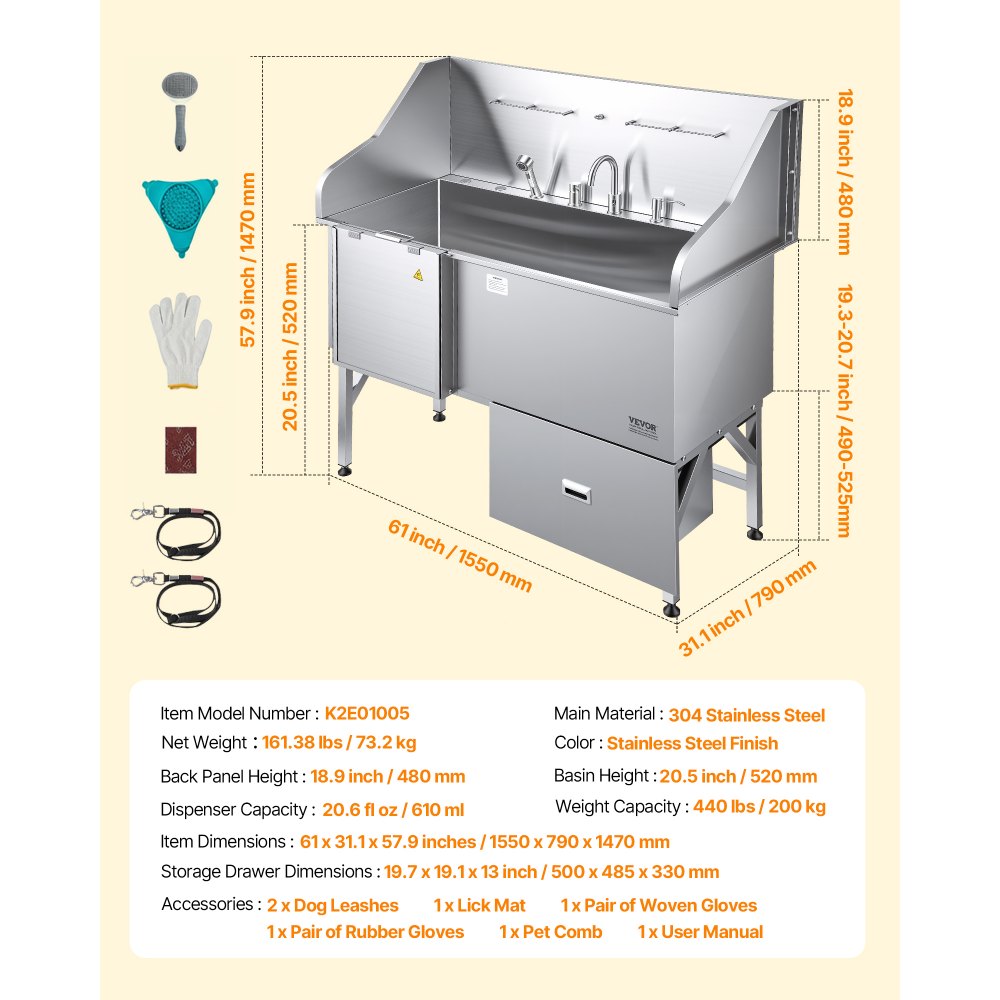 VEVOR 304 Edelstahl-Hundewaschstation, 154,9 cm große Pflegebadewanne mit rutschfester, flacher Rampe, Schublade, Warm- und Kaltwasserhahn, All-in-One-Badewanne für Pflegesalons, für alle Größen geeignet (linke Tür)